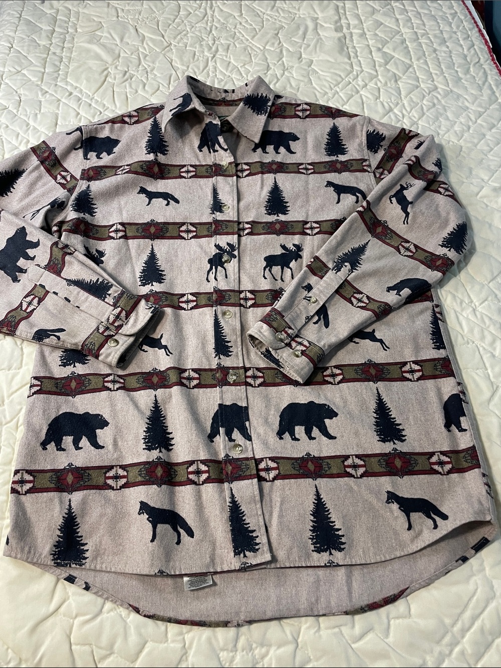 Cabela's Beige Button-Down Shirt with Black Wildlife & Tree Motif